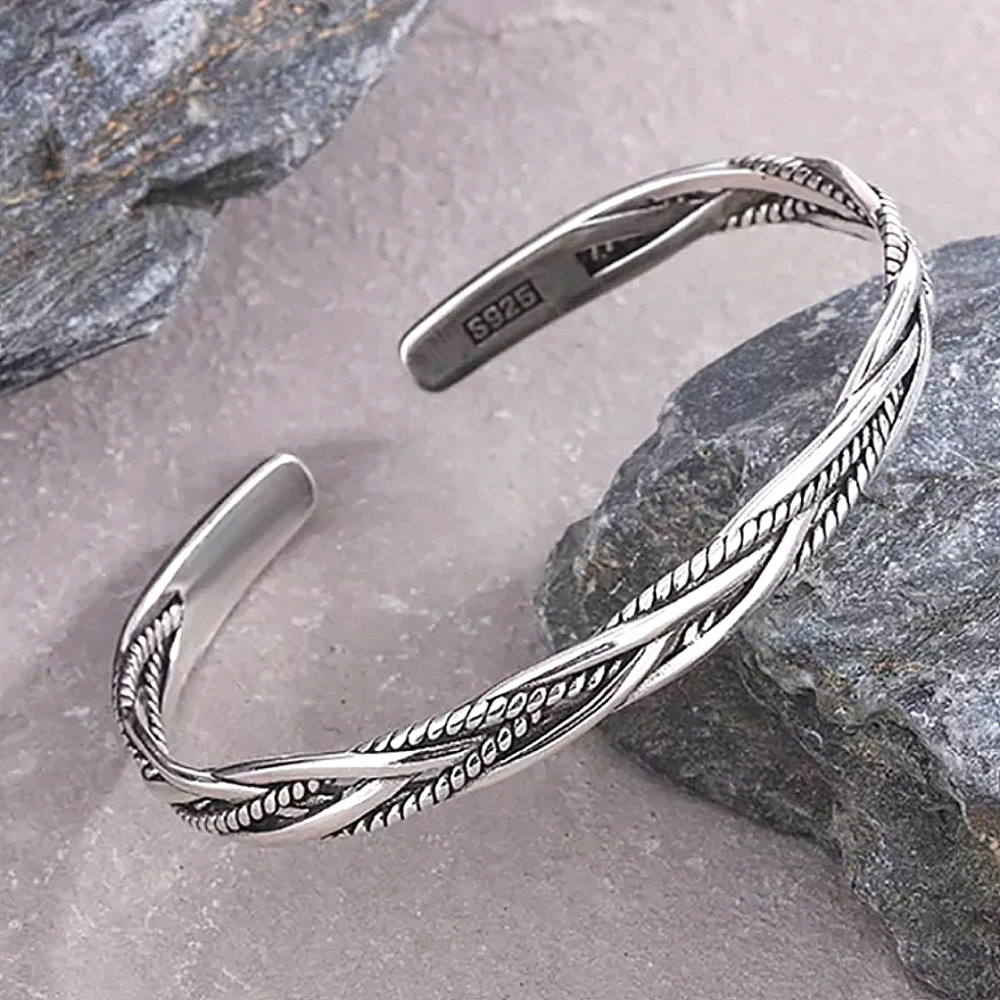 Twisted Sterling Silver Bangle Cuff Bracelet Matching Ring Set - Picture 3 of 7